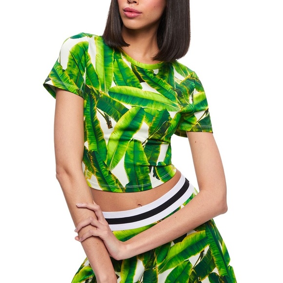 NWT alice + olivia Cindy Classic Cropped Crop T-Shirt Tee Shirt Sun Palm Green M - Picture 1 of 4